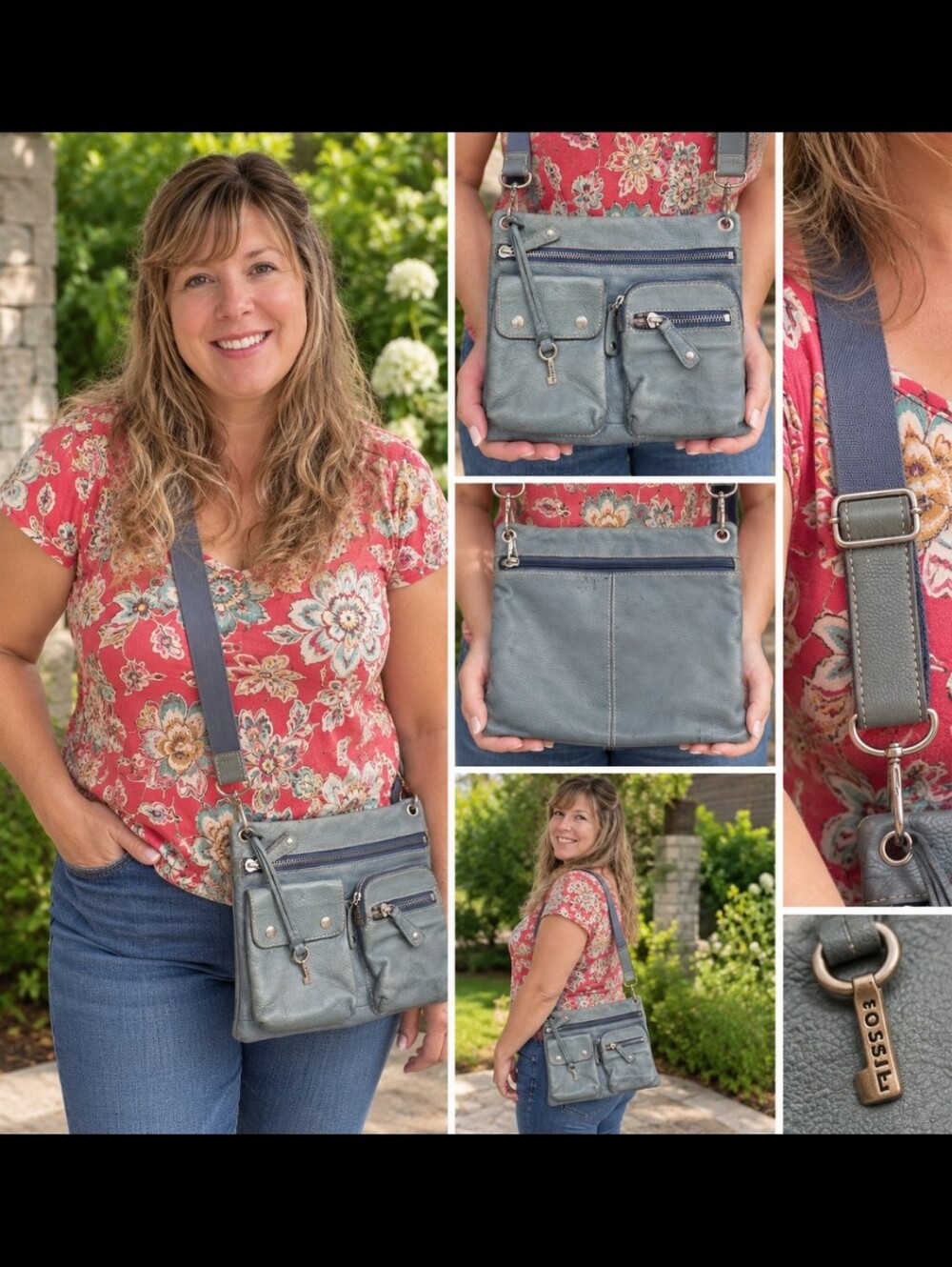 Fossil Bag Blue-Grey Crossbody Bag with Multiple Pockets